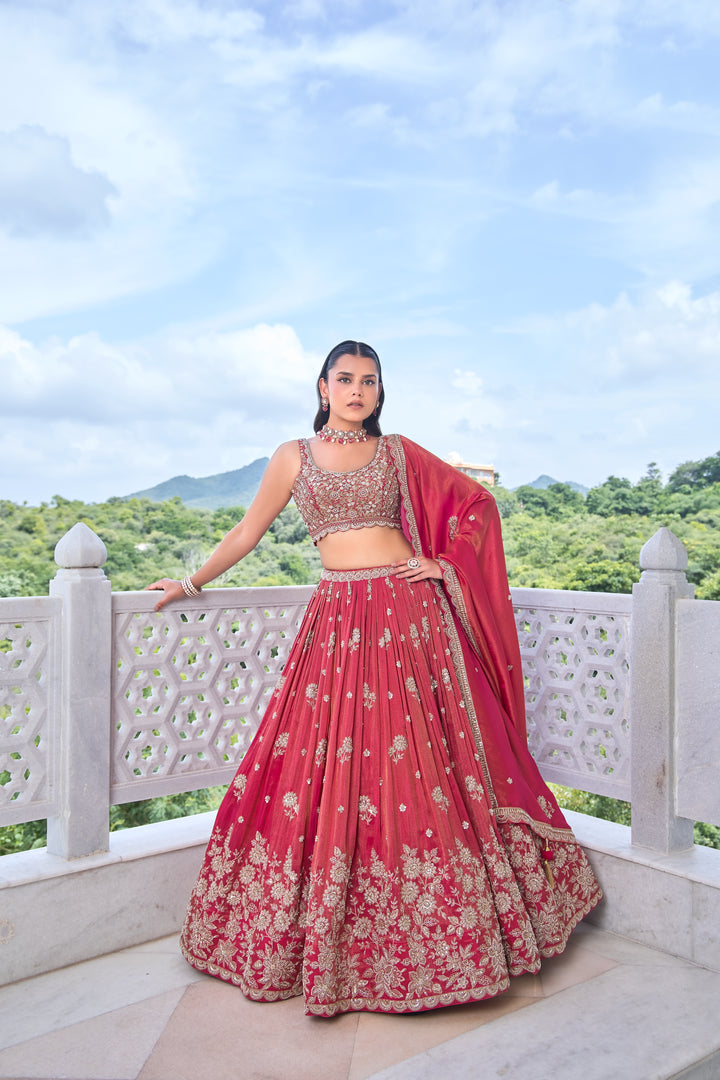 Red Silk Blend Lehenga Choli with Opulent Golden Floral Embroidery & Dupatta