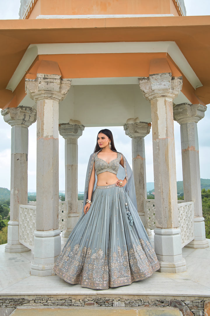 Grey Designer Embroidered Lehenga with Matching Dupatta
