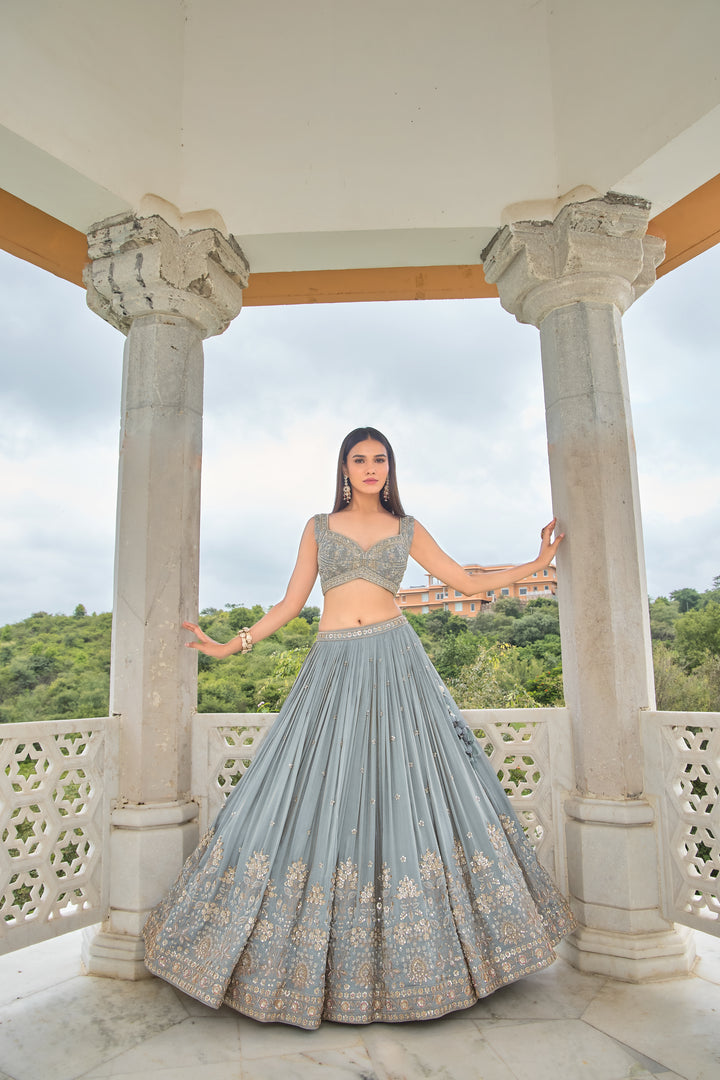Grey Designer Embroidered Lehenga with Matching Dupatta