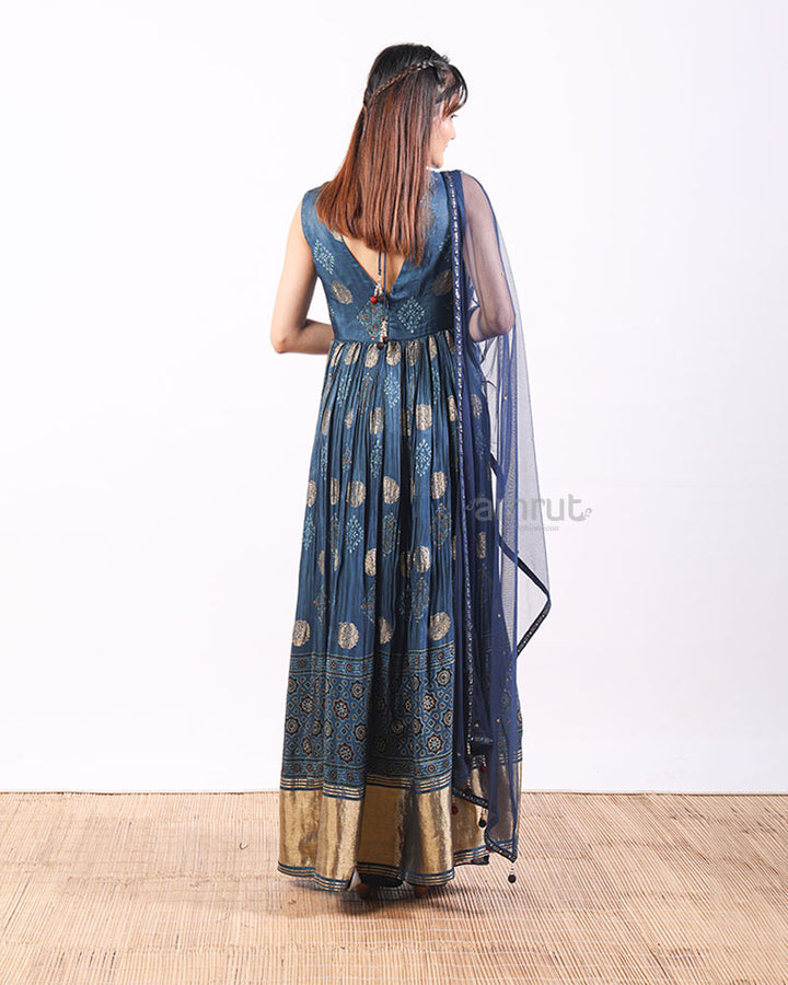 Alia Cut Pattern Crepe Silk-Foil Work Blue Kurti