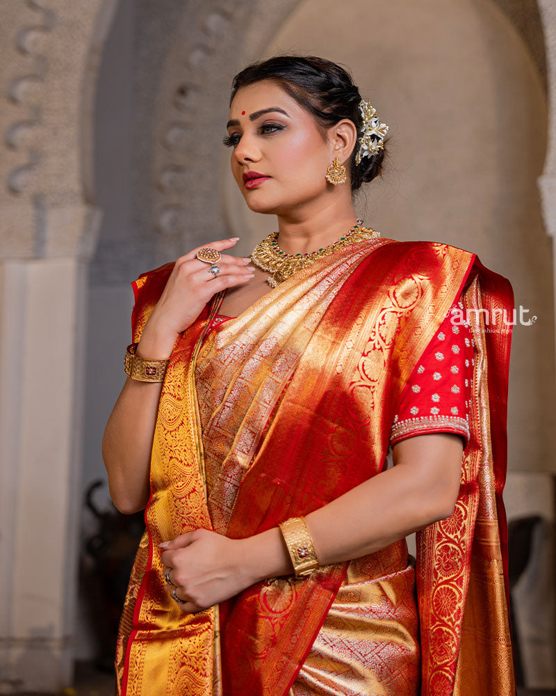 Alluring Red Pure Kanjivaram Silk Saree for Bride