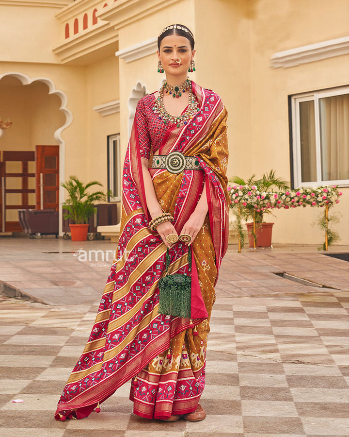 Amber Yellow and Pink Ethnic Printed Patola Silk Saree with Unstitched Blouse 01