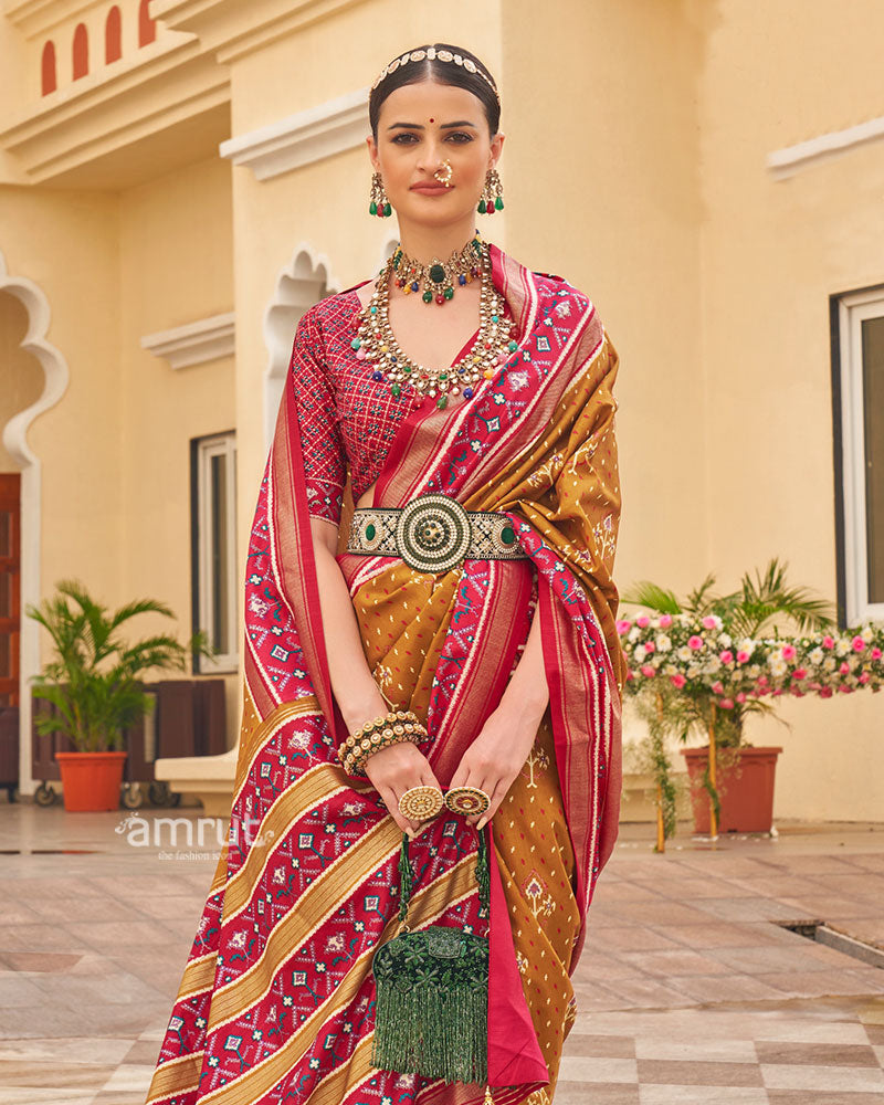 Amber Yellow and Pink Ethnic Printed Patola Silk Saree with Unstitched Blouse 02