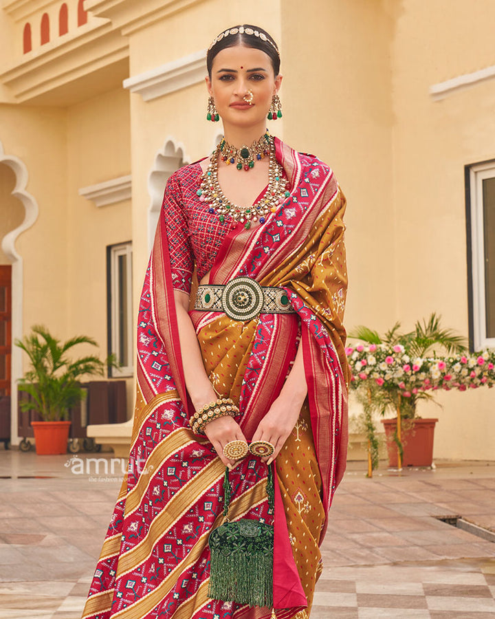Amber Yellow and Pink Ethnic Printed Patola Silk Saree with Unstitched Blouse 02