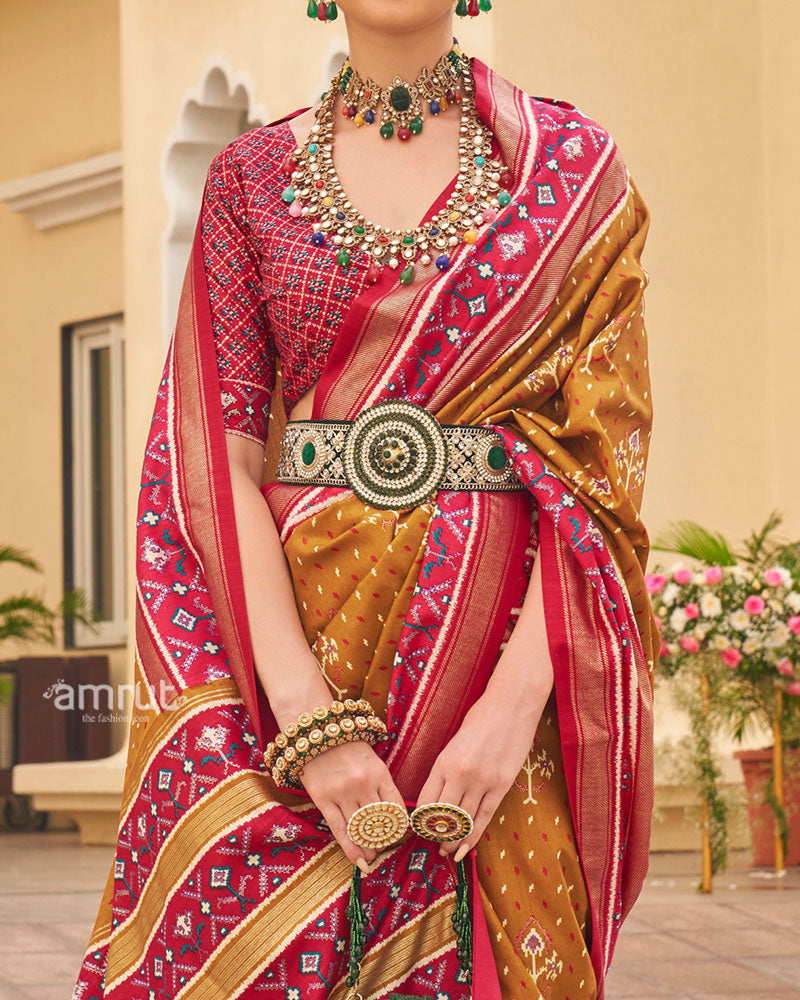 Amber Yellow and Pink Ethnic Printed Patola Silk Saree with Unstitched Blouse 03