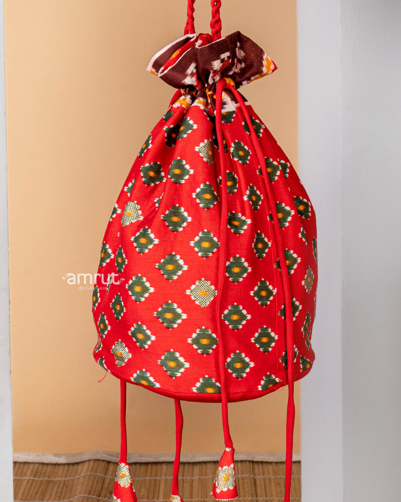 Apple Red Designer Potli Bag for Women In Cotton Silk