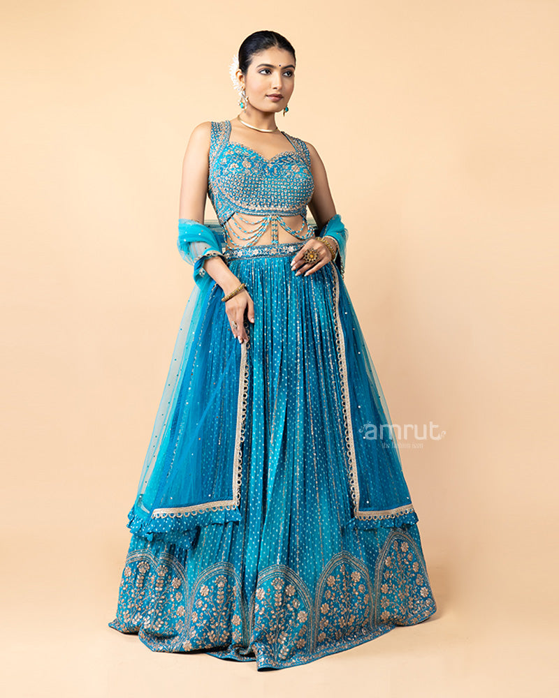 Aqua Blue Lehenga Choli with Zardozi Work and Net Dupatta