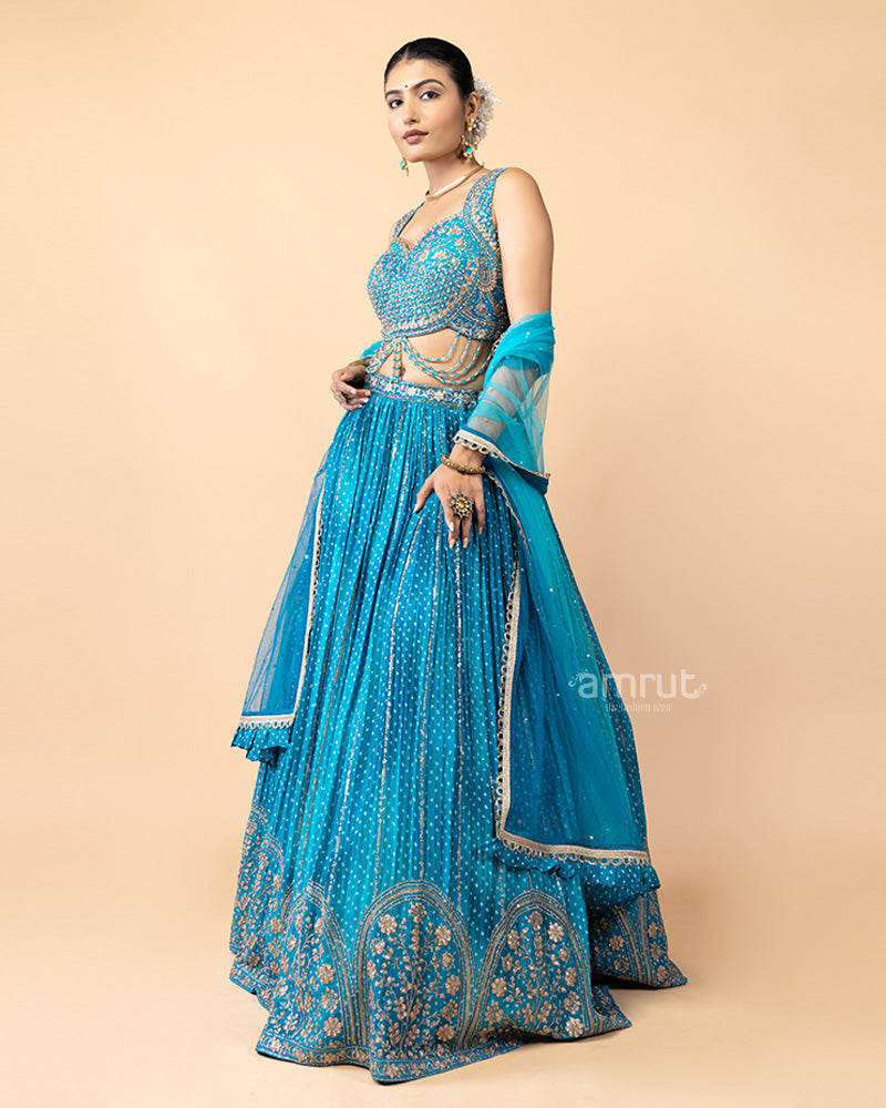 Aqua Blue Lehenga Choli with Zardozi Work and Net Dupatta