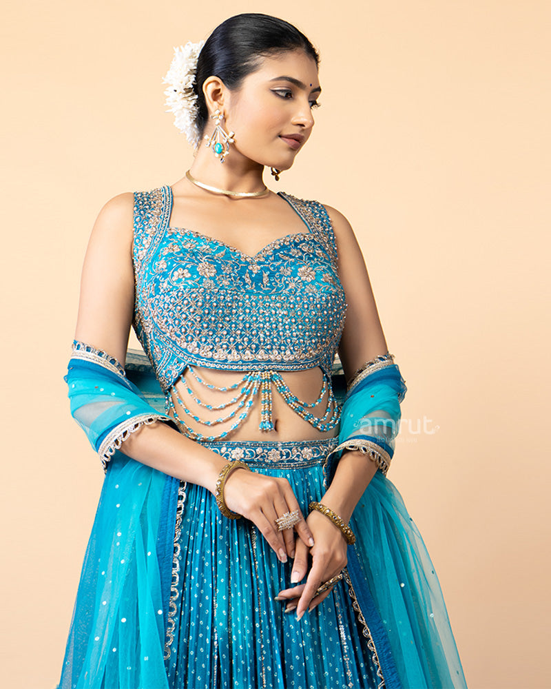 Aqua Blue Lehenga Choli with Zardozi Work and Net Dupatta