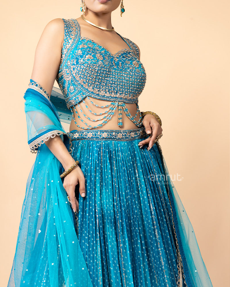 Aqua Blue Lehenga Choli with Zardozi Work and Net Dupatta