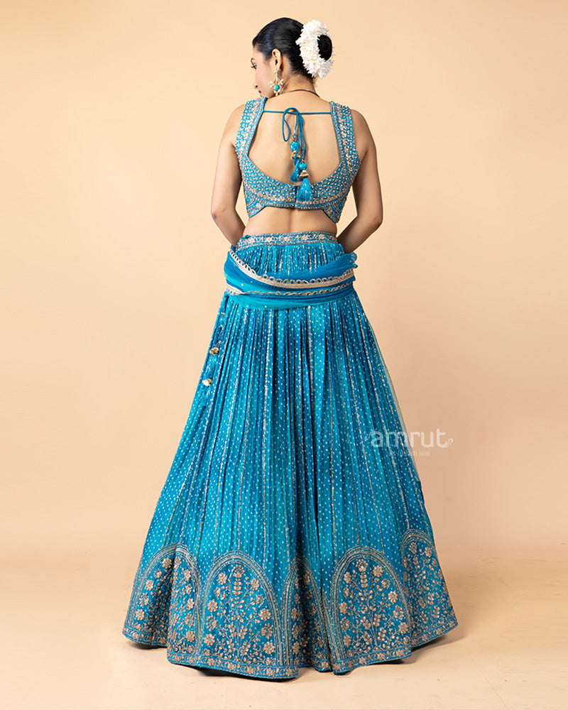 Aqua Blue Lehenga Choli with Zardozi Work and Net Dupatta