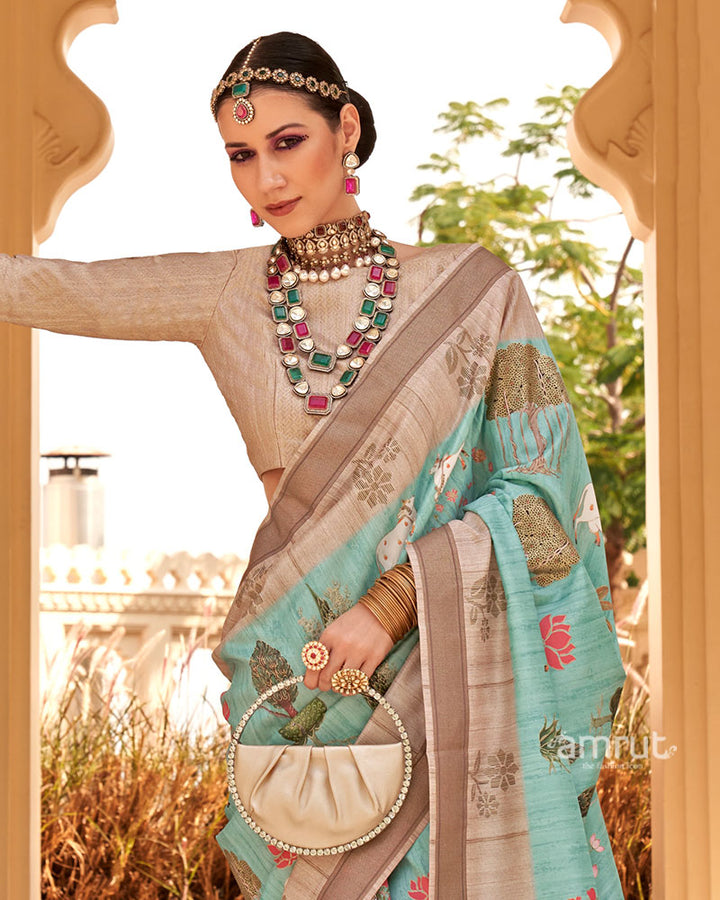 Aqua Blue with Light Brown Border Printed Saree and Unstitched Blouse 02
