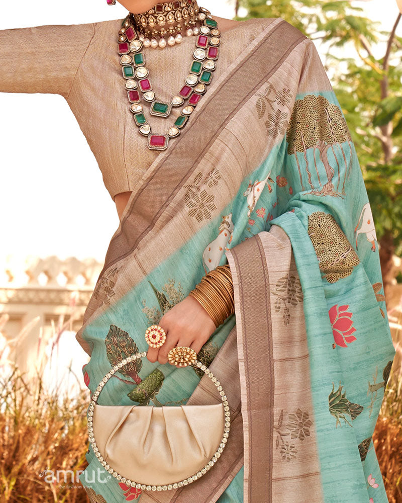 Aqua Blue with Light Brown Border Printed Saree and Unstitched Blouse 03