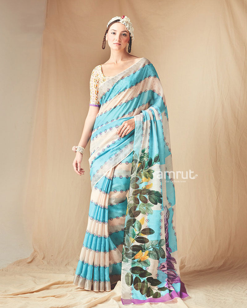 Aqua Cream Floral Striped Printed Saree with Unstitched Blouse 01