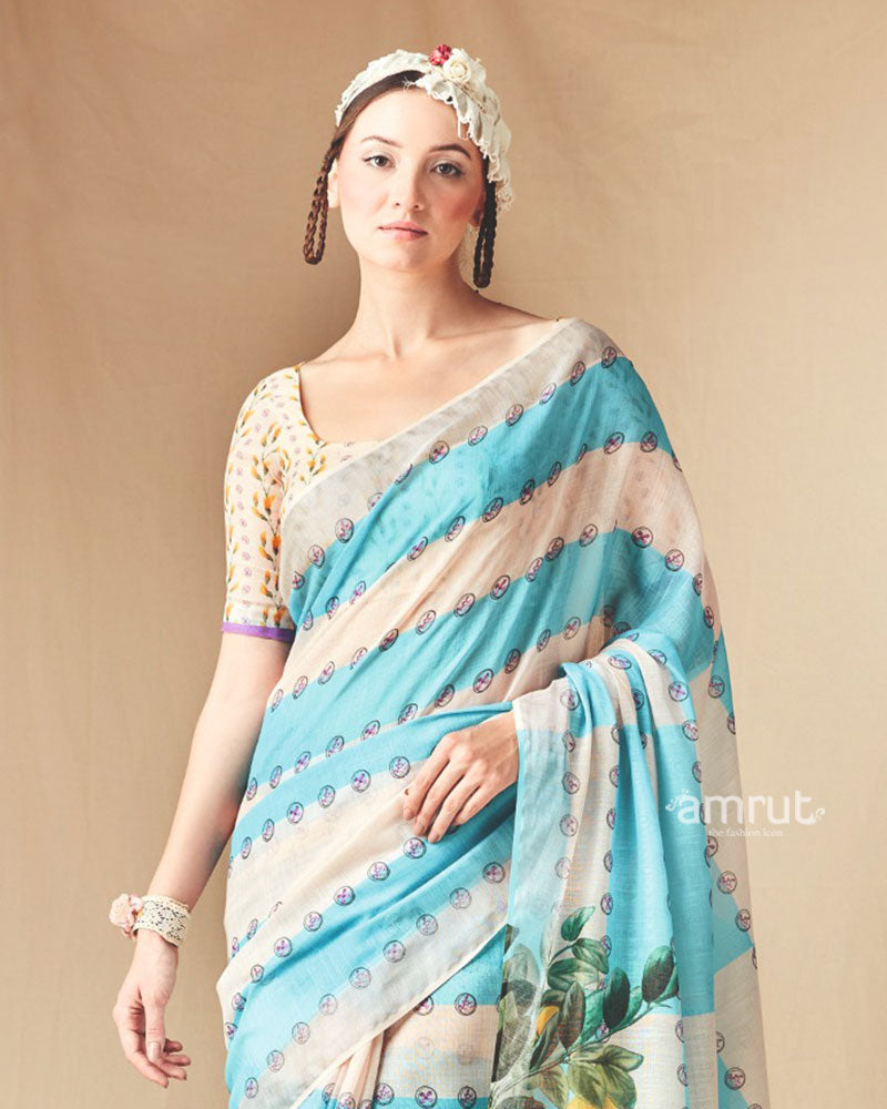 Aqua Cream Floral Striped Printed Saree with Unstitched Blouse 02