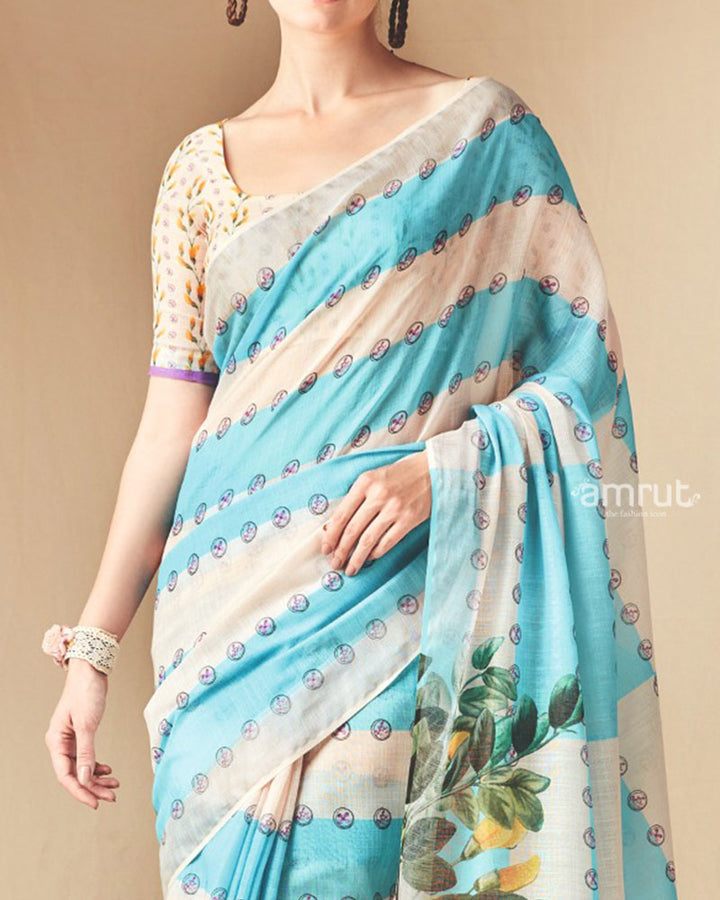 Aqua Cream Floral Striped Printed Saree with Unstitched Blouse 03