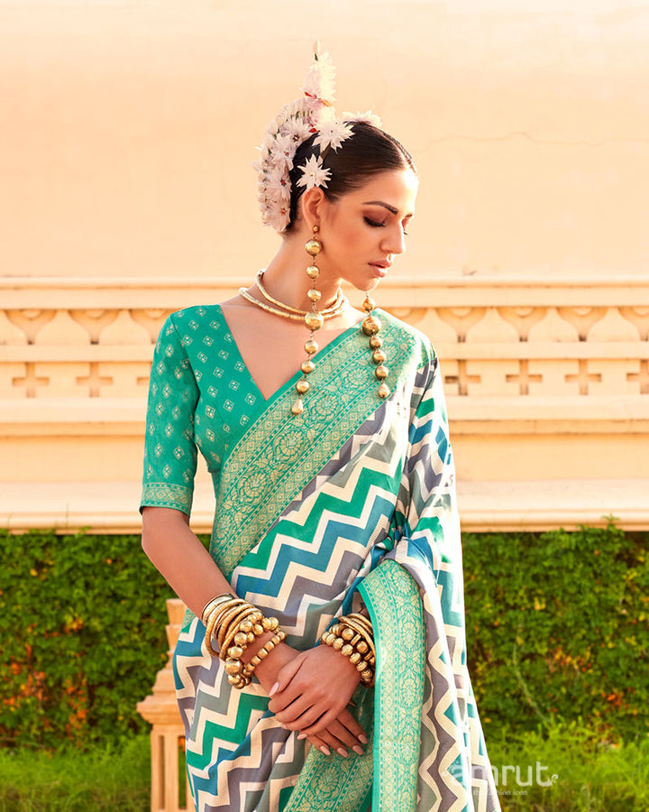 Aqua Green Printed Silk Saree with Unstitched Blouse 02