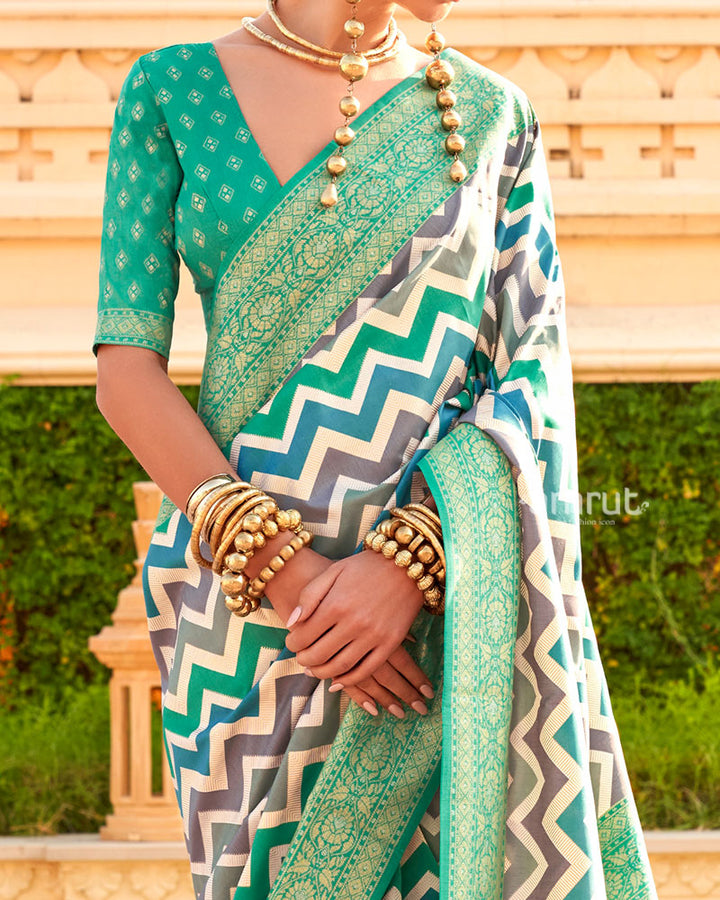 Aqua Green Printed Silk Saree with Unstitched Blouse 03