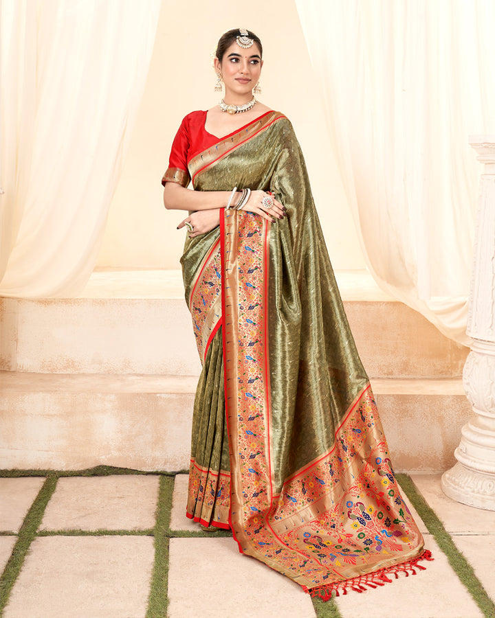 Army Green Embroidered Silk Saree With Zari Work Border