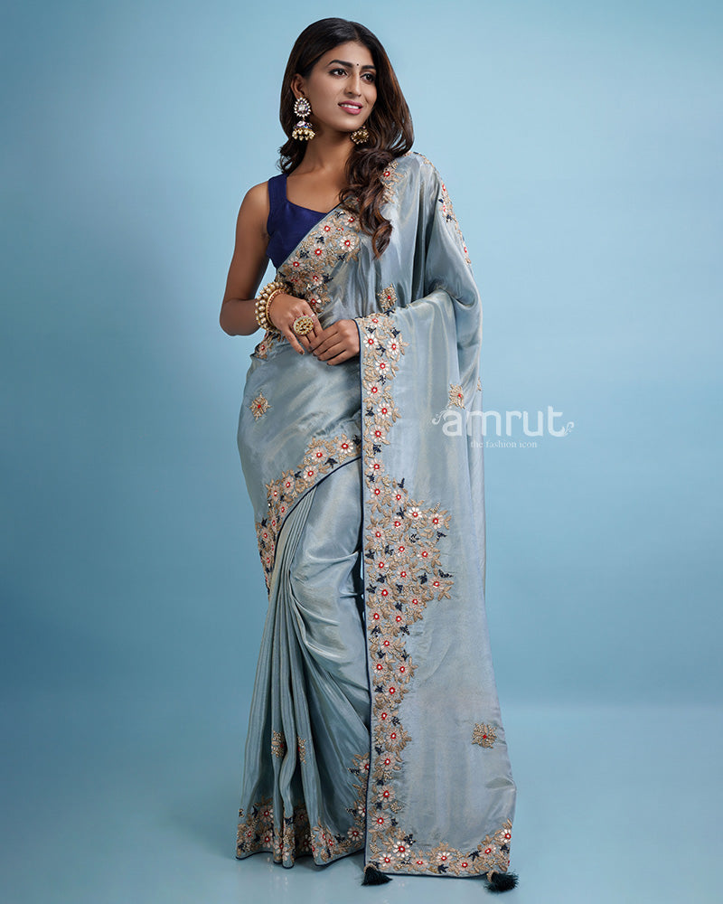 Blue Hand Embroidered Party Wear Saree