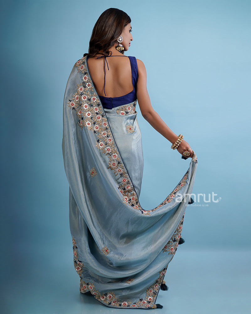 Blue Hand Embroidered Party Wear Saree