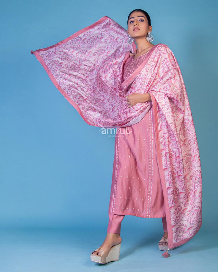 Baby Pink Printed Kurta and Pant Set in Pure Cotton