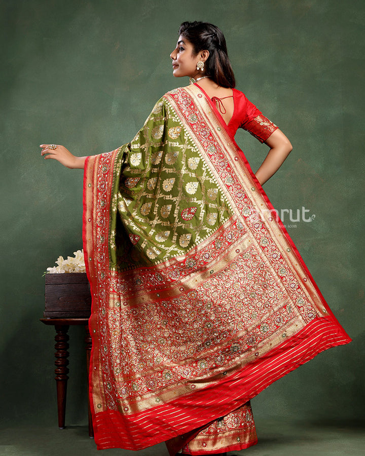 Banarasi Silk Heavy Green and Red Handwork Saree