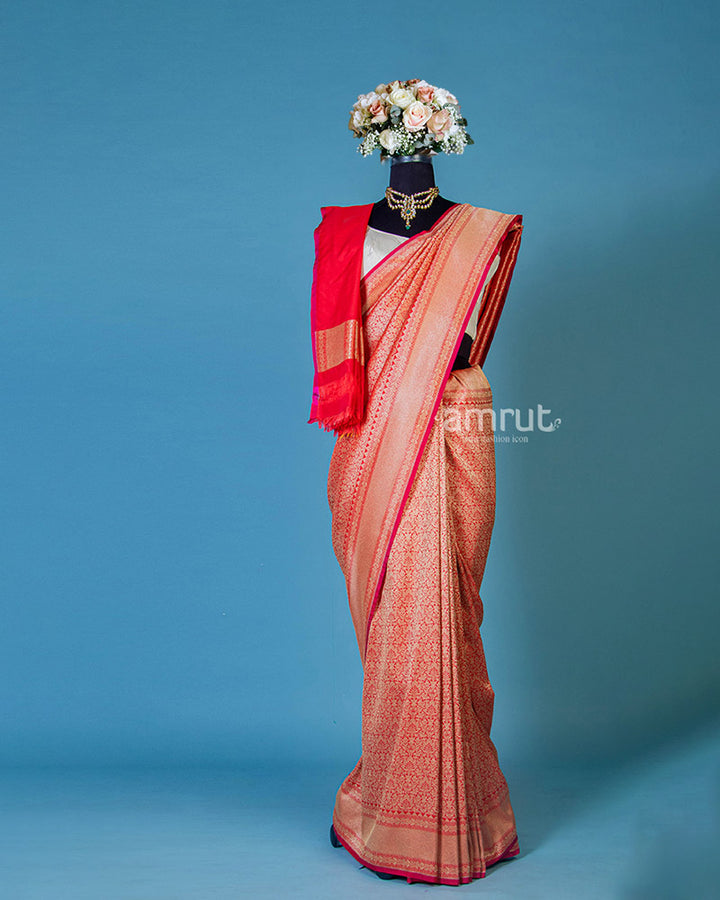 Banarasi Silk Works Red Woven Saree With Unstitched Blouse