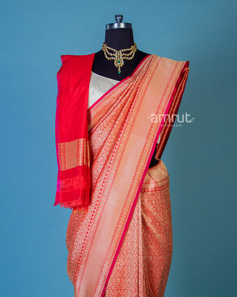 Banarasi Silk Works Red Woven Saree With Unstitched Blouse