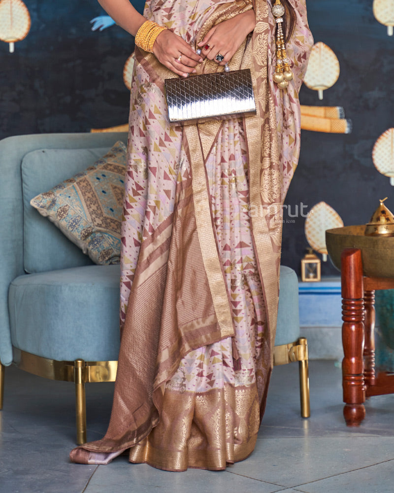 Bare Beige Foil Printed Silk Saree With Contrast Brown Border