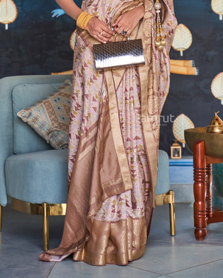 Bare Beige Foil Printed Silk Saree With Contrast Brown Border