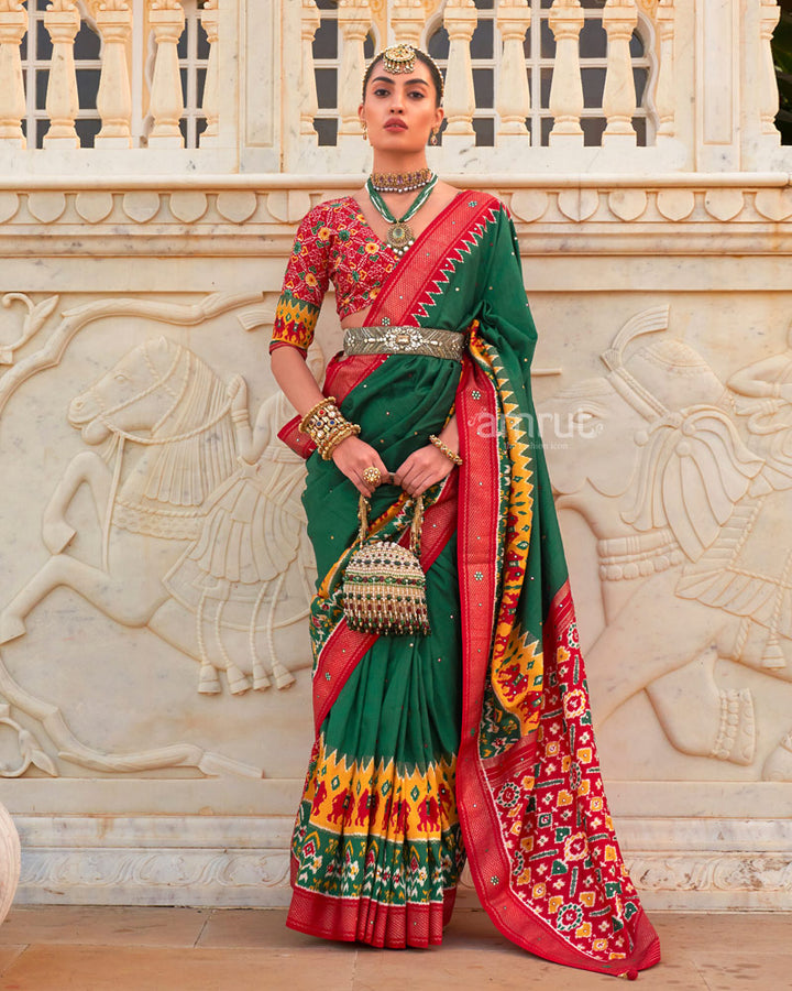 Basil Green Elephants and Ikat Printed Saree With Unstitched Blouse