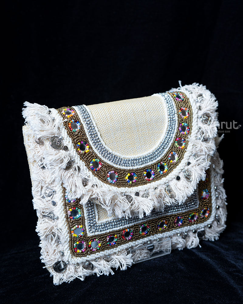Beige-Cream Beaded with Fringe and Mirror Accents Clutch 01