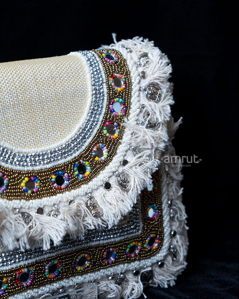 Beige-Cream Beaded with Fringe and Mirror Accents Clutch 02