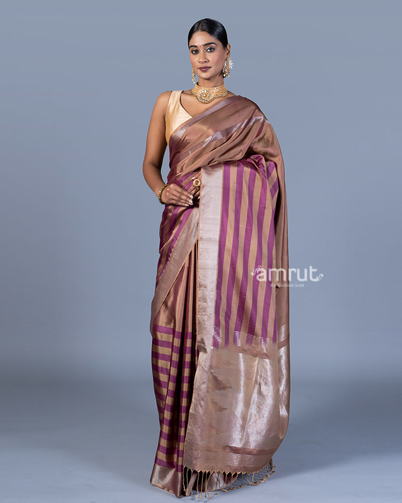 Beige-Taupe and Purple-Maroon Striped Saree with Unstitched Blouse 01