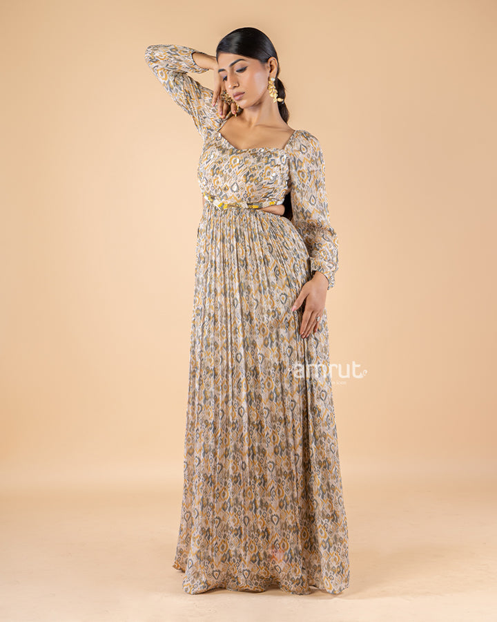 Beige Digital Print Chiffon Maxi Dress