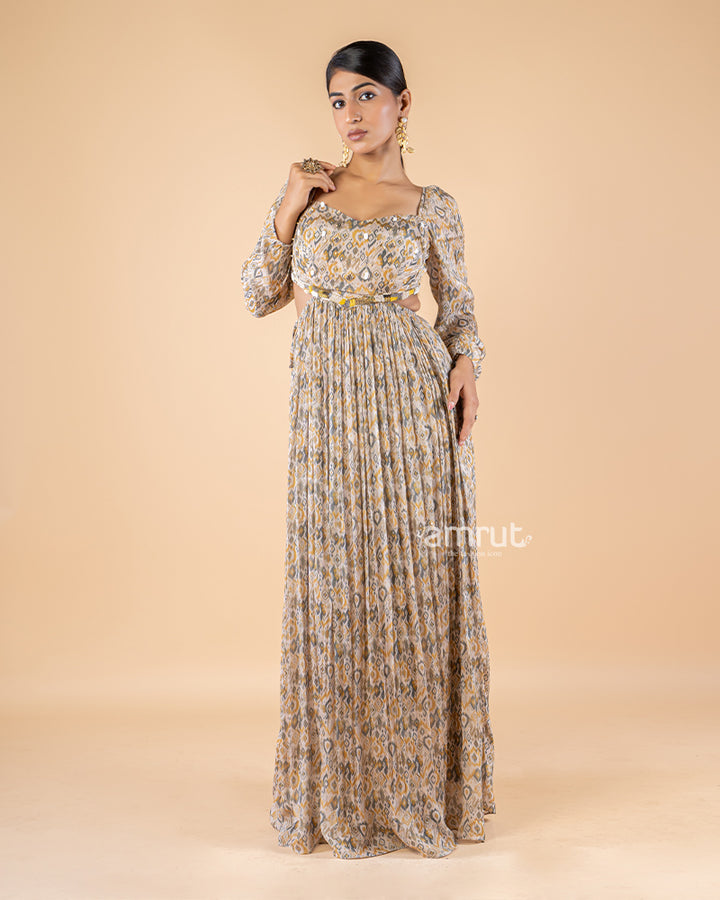 Beige Digital Print Chiffon Maxi Dress