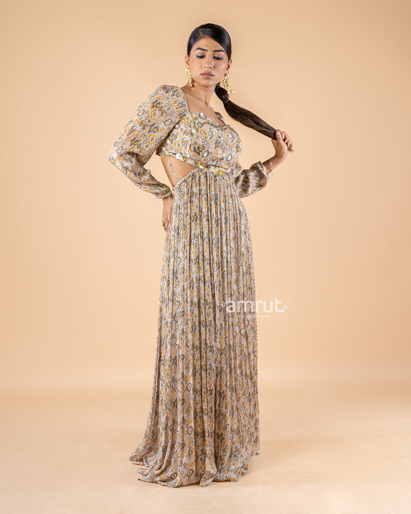 Beige Digital Print Chiffon Maxi Dress