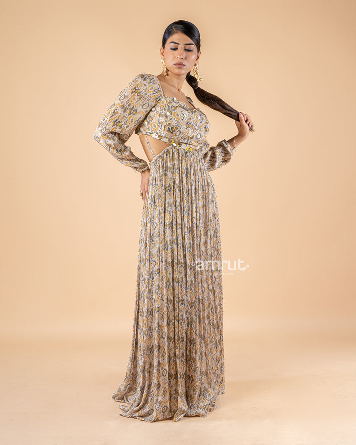 Beige Digital Print Chiffon Maxi Dress