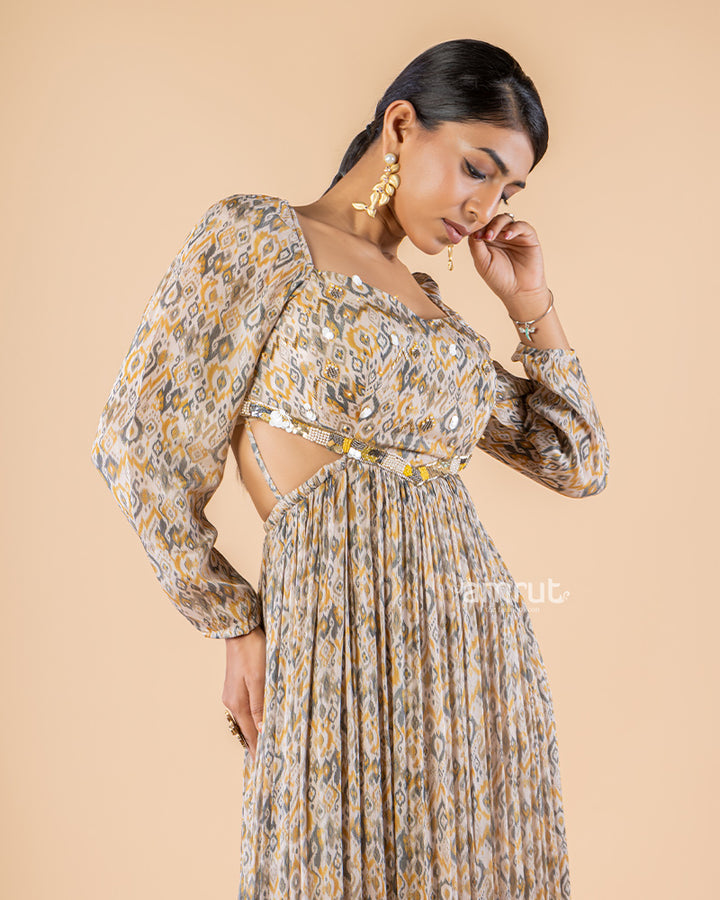 Beige Digital Print Chiffon Maxi Dress