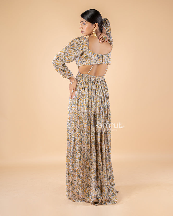 Beige Digital Print Chiffon Maxi Dress