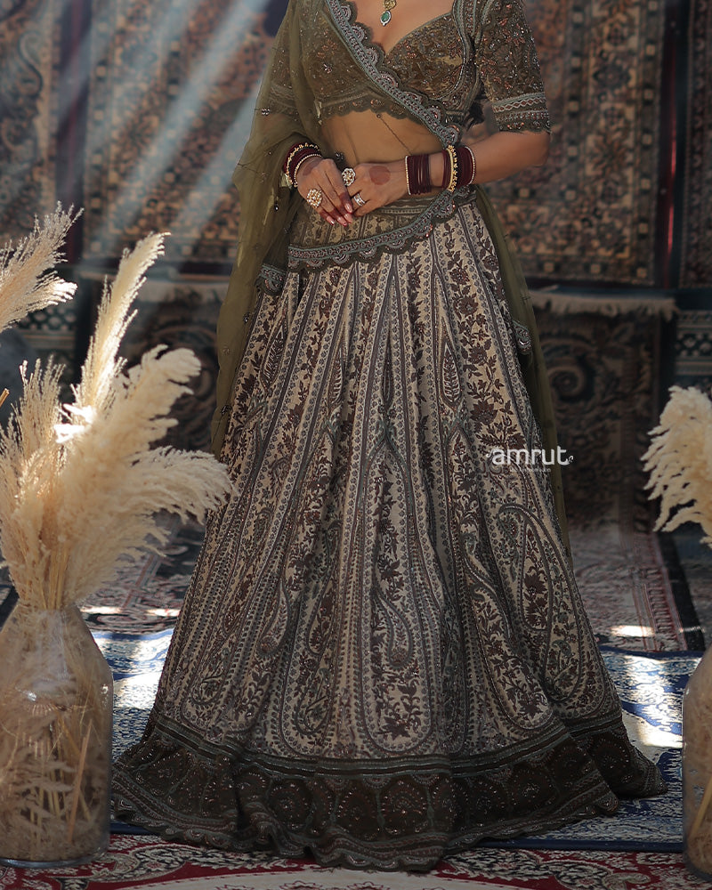 Beige Floral Hand Embroidered Lehenga With Army Green Dupatta