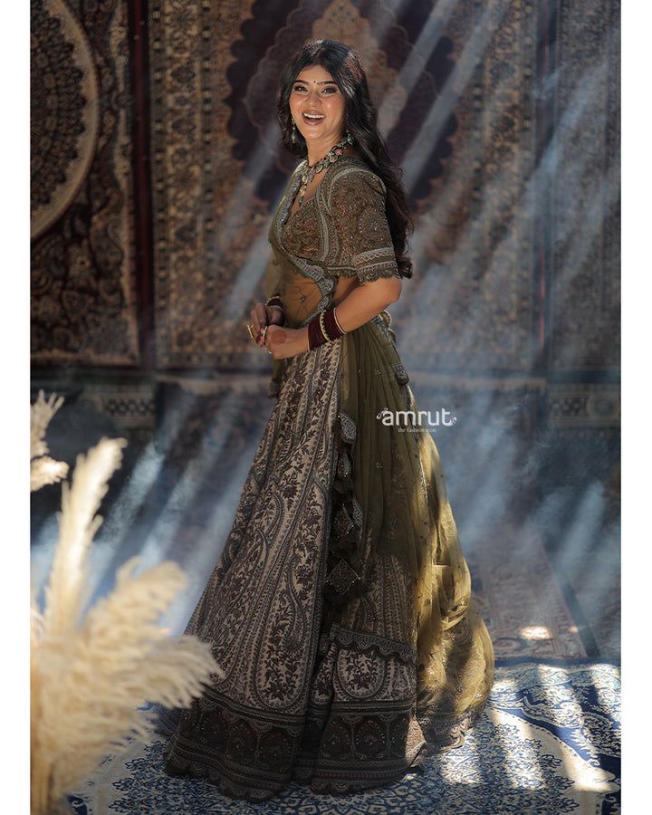 Beige Floral Hand Embroidered Lehenga With Army Green Dupatta