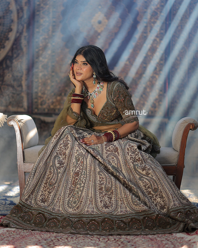 Beige Floral Hand Embroidered Lehenga With Army Green Dupatta