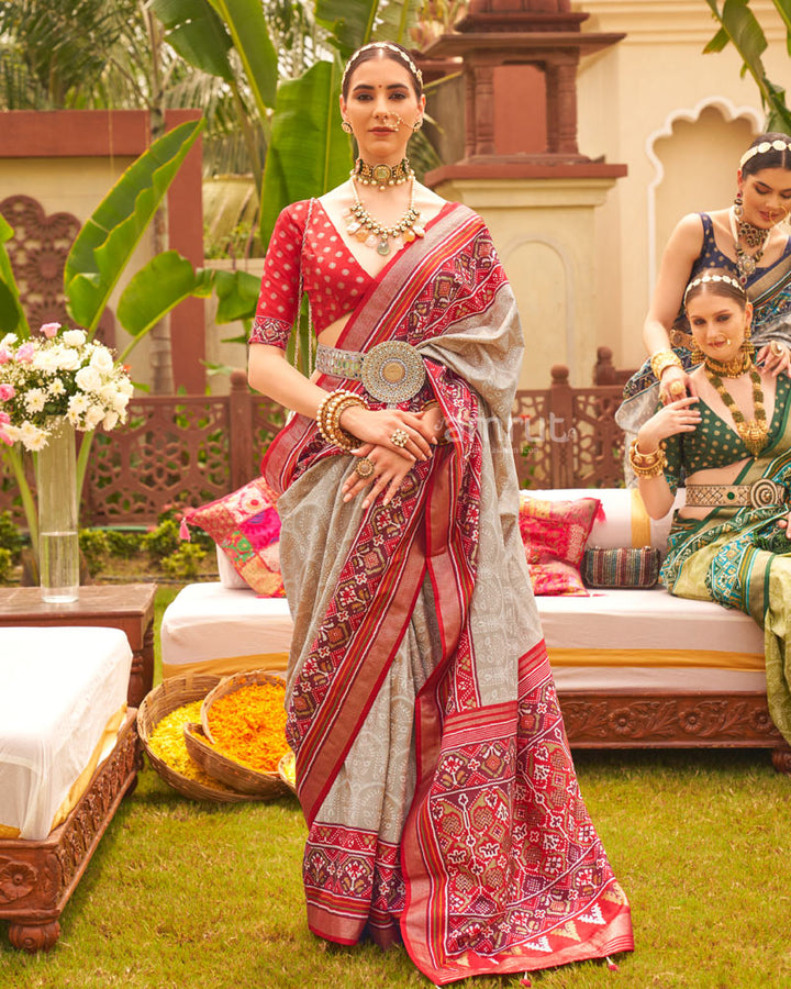 Beige Floral Printed Saree With Ikat Weave Printed Border