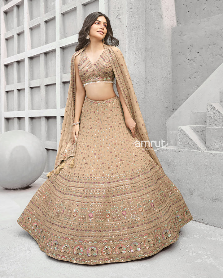 Beige Georgette Pleated Lehenga With Floral Embroidery and Sequin