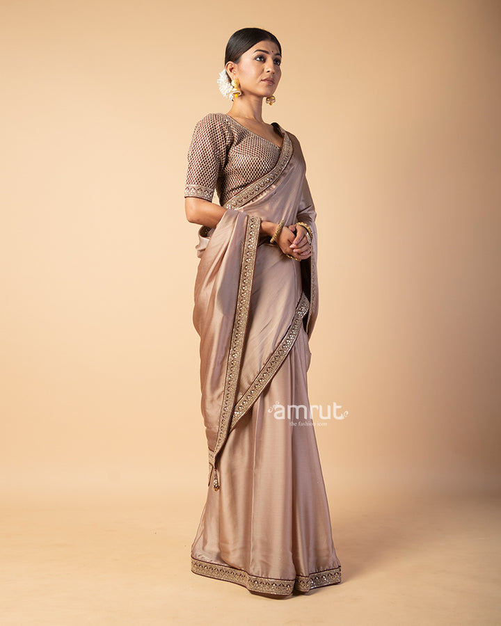 Brown Chiffon Saree With Embroidered Stitched Blouse