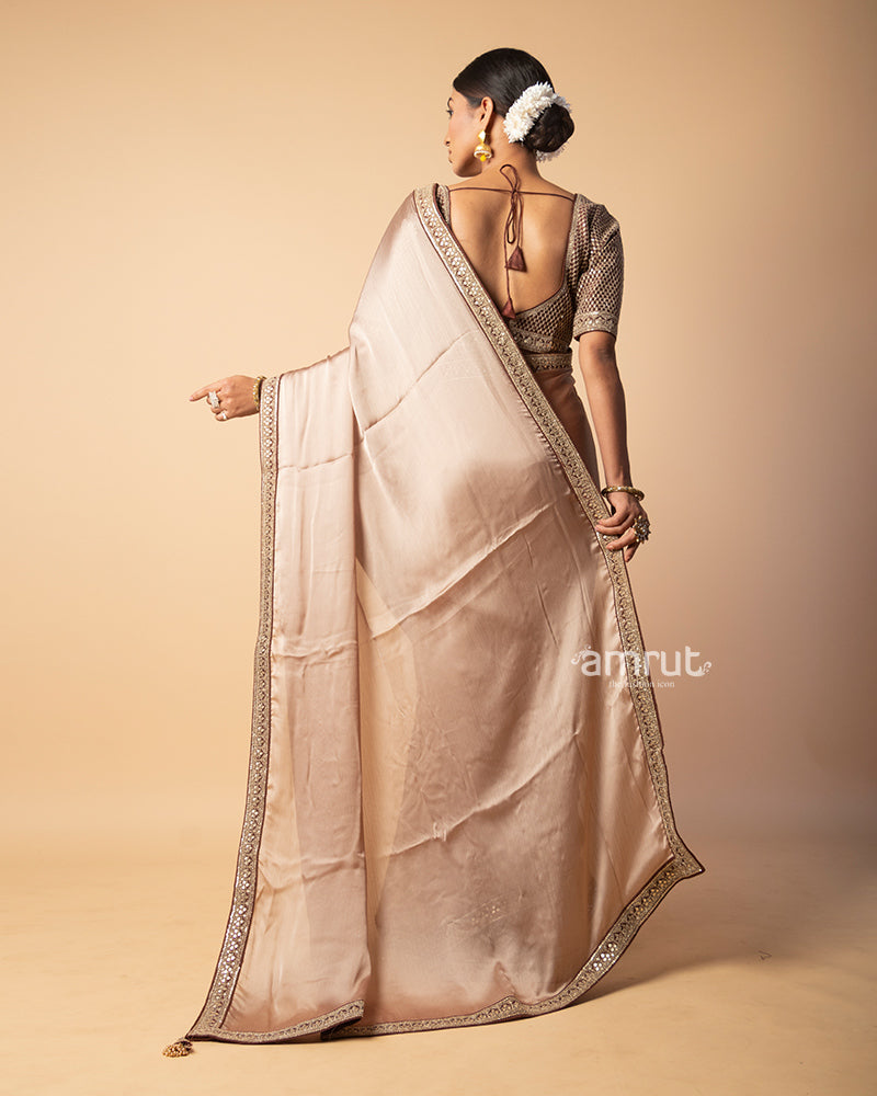 Brown Chiffon Saree With Embroidered Stitched Blouse