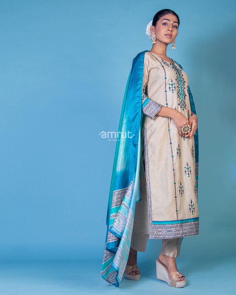 Beige Printed Kurta and Pant Set in Pure Cotton