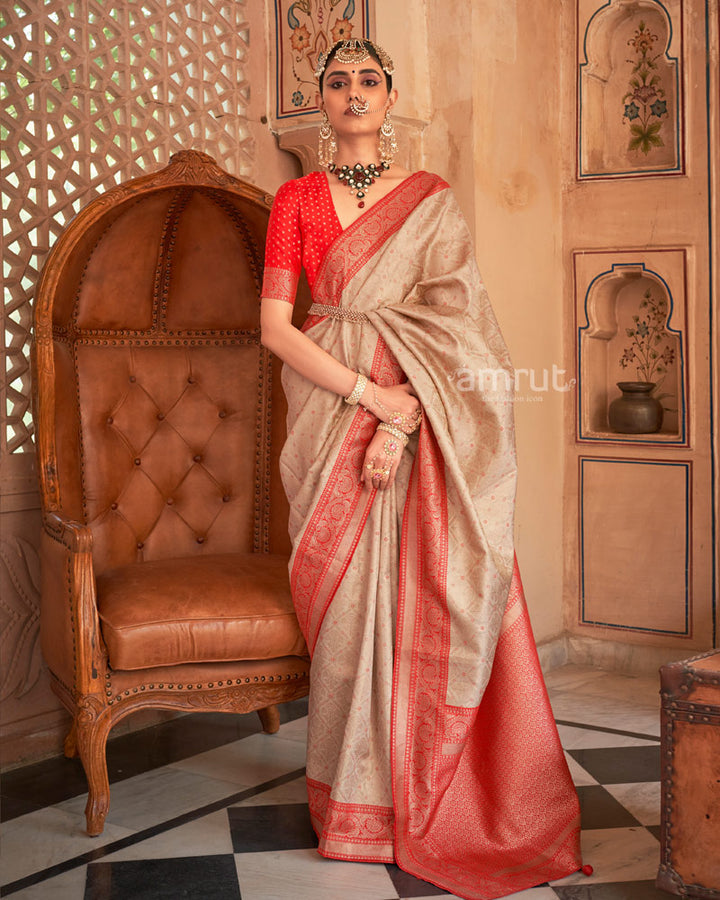 Beige Printed Silk Saree With Contrast Zari Border